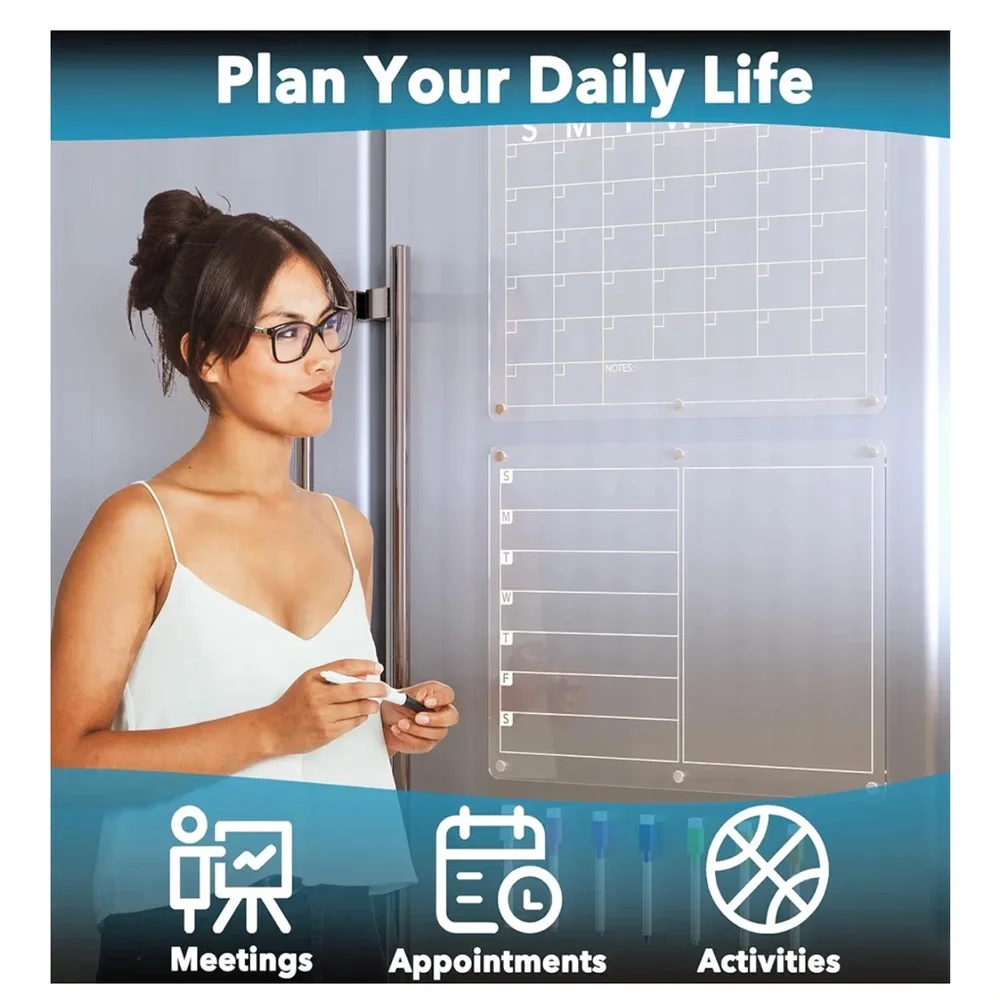 Acrylic Magnetic Dry Erase Monthly & Weekly Calendar for Fridge w/ 8 markers